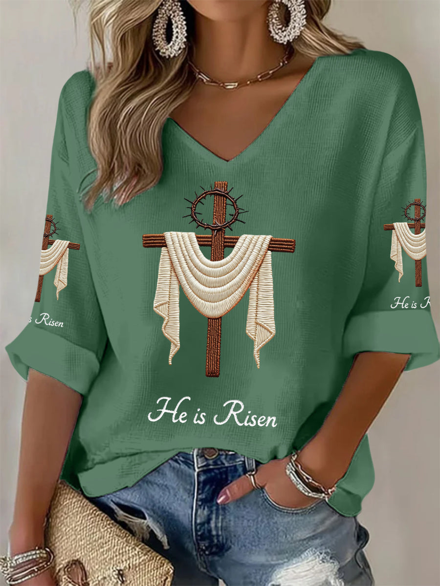 Women's  He Is Risen Jesus Christian Cross Print Waffle Long-Sleeve Top