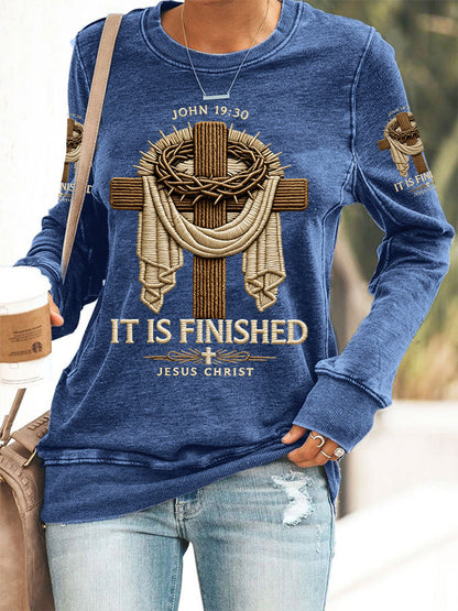 Women's  He Is Risen It’s Finished Jesus Christian Cross Print Casual Sweatshirt