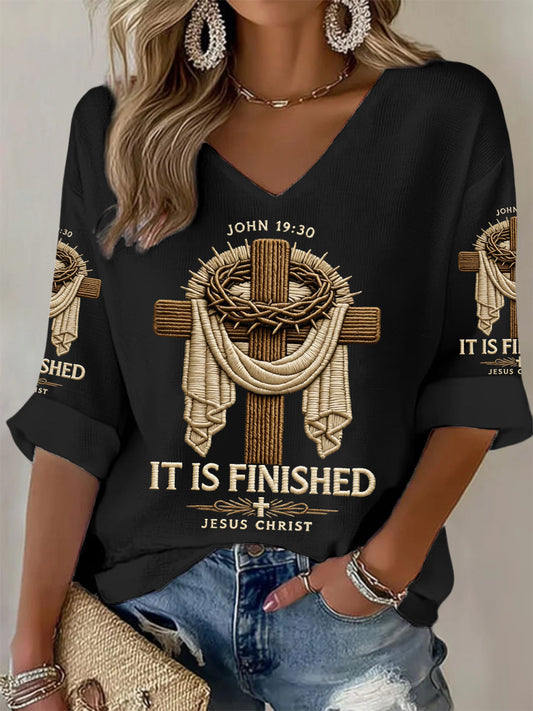 Women's He Is Risen It’s Finished Jesus Christian Cross Print Casual Waffle Long-Sleeve Top