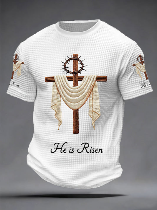 Men's He Is Risen Jesus Christian Cross Print Waffle Tee