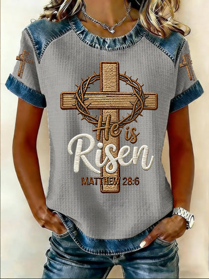 Women's He is Riser MATTHEW 28:6 Casual Short Sleeved T-Shirt