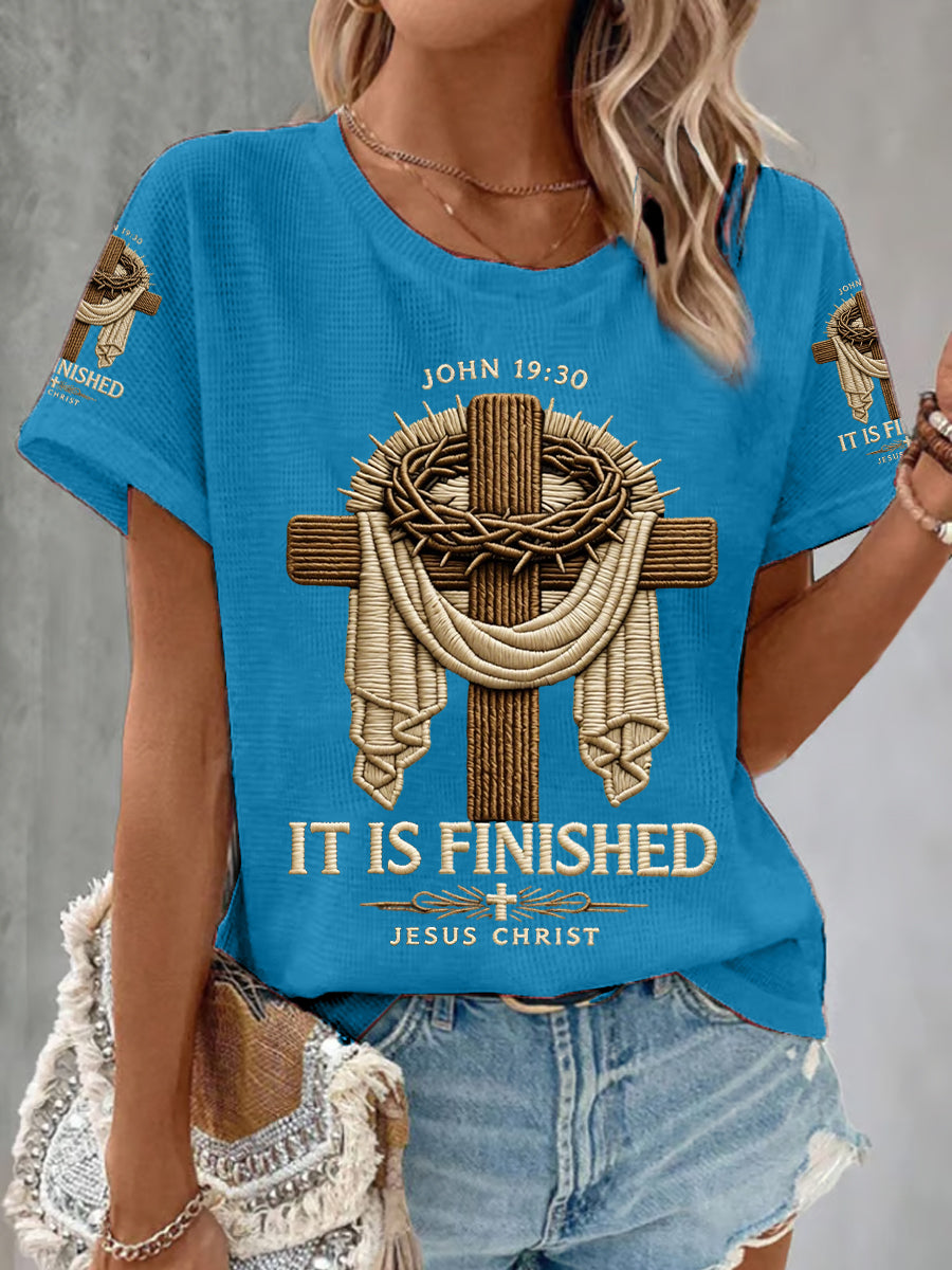 Women's He Is Risen It’s Finished Jesus Christian Cross Print Waffle Tee
