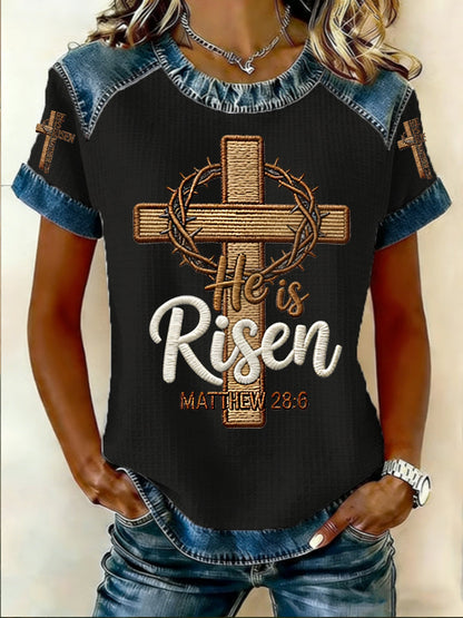 Women's He is Riser MATTHEW 28:6 Casual Short Sleeved T-Shirt