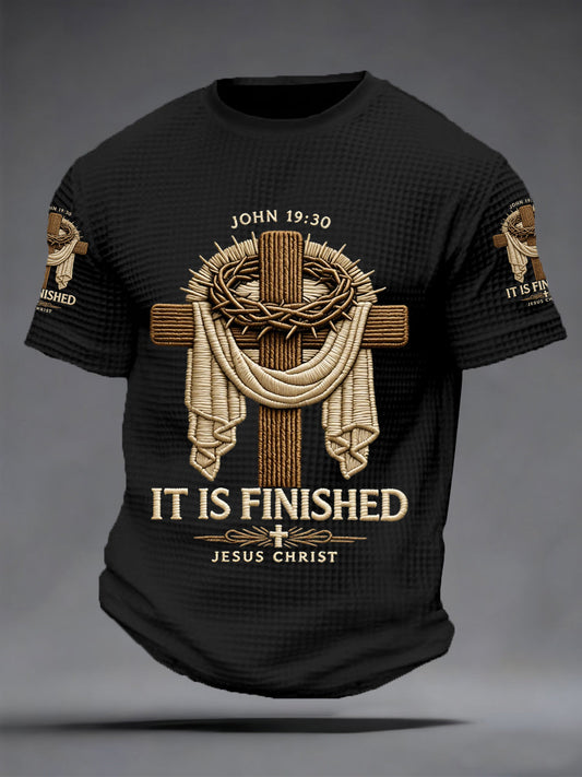 Men's Men's He Is Risen It’s Finished Jesus Christian Cross Print Waffle Short Sleeve Tee