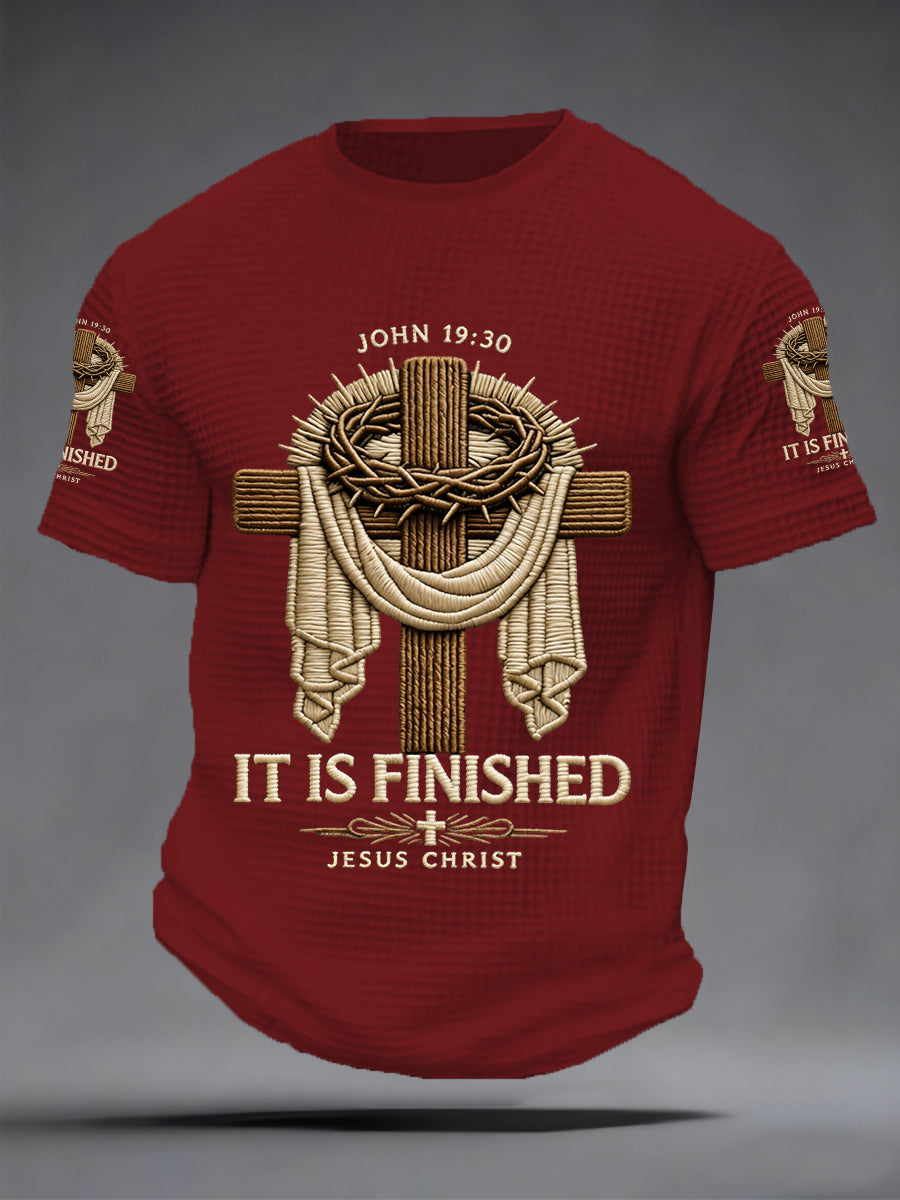 Men's Men's He Is Risen It’s Finished Jesus Christian Cross Print Waffle Short Sleeve Tee
