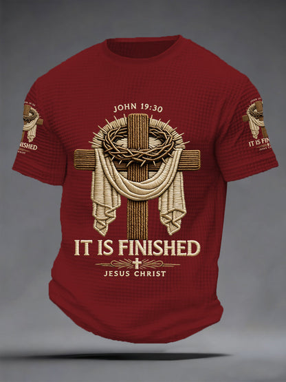 Men's Men's He Is Risen It’s Finished Jesus Christian Cross Print Waffle Short Sleeve Tee