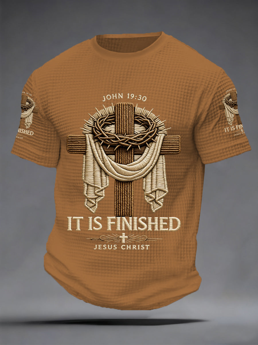 Men's Men's He Is Risen It’s Finished Jesus Christian Cross Print Waffle Short Sleeve Tee