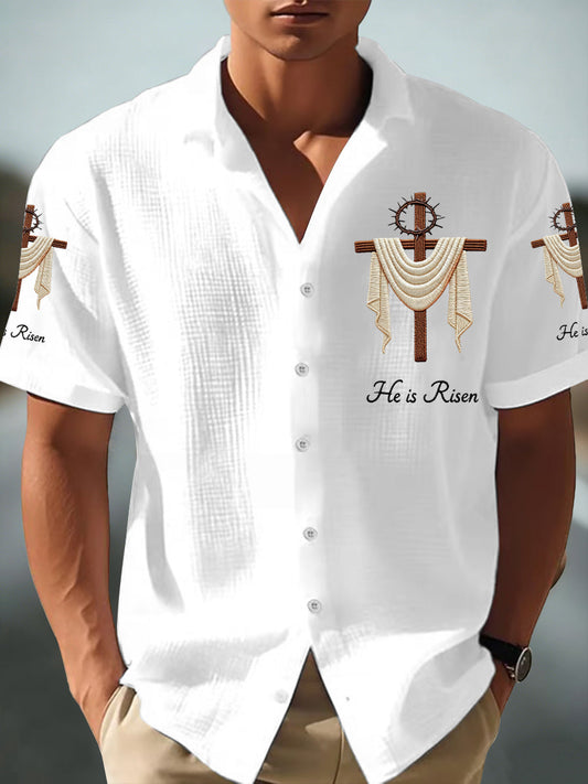 Men's He Is Risen Jesus Christian Cross Print Short-Sleeve Waffle Shirt