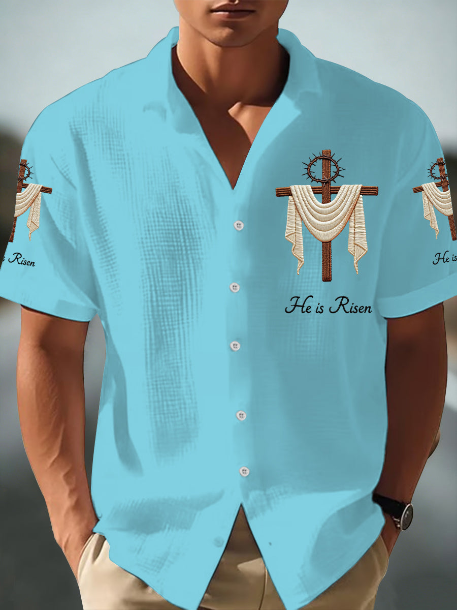 Men's He Is Risen Jesus Christian Cross Print Short-Sleeve Waffle Shirt