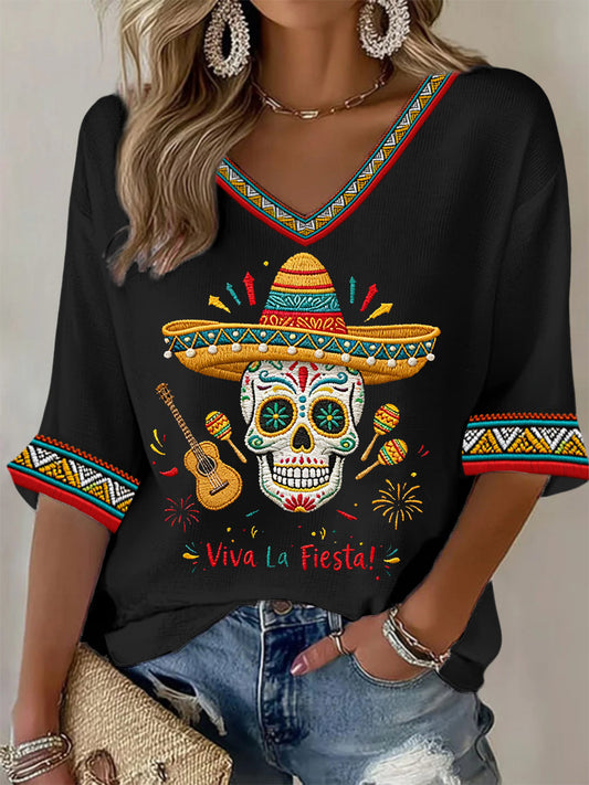 Women's Viva La Fiesta! Skeleton Print Casual Waffle Top