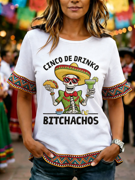 Women's Funny Cinco De Drinko Bitchachos Skeleton Print Casual Ruffle Sleeve Tee