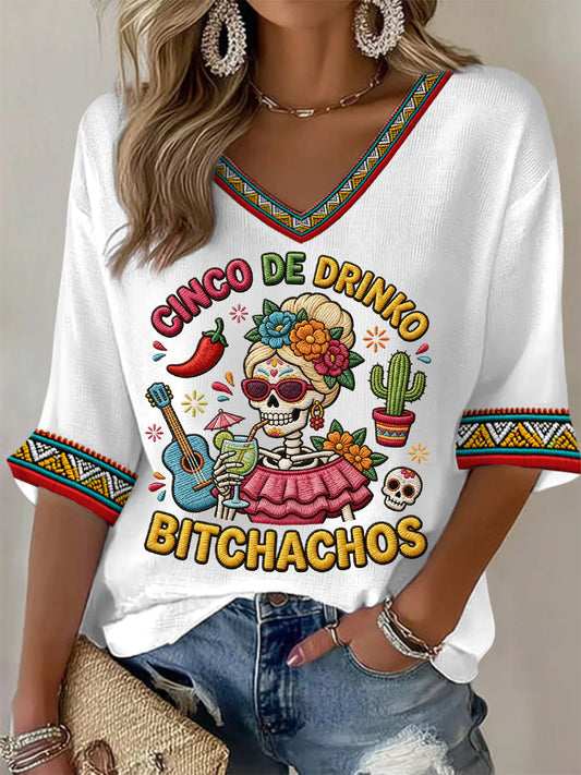 Women's Funny Cinco De Drinko Bitchachos Skeleton Print Casual Waffle Top