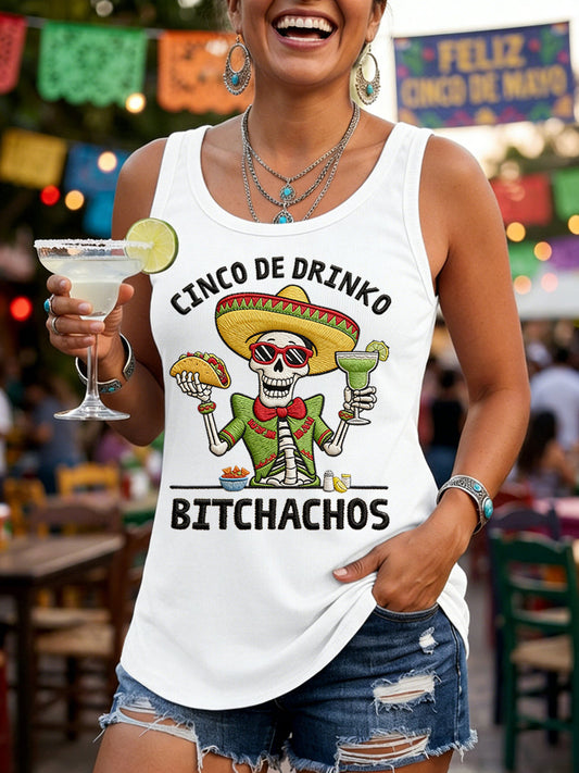 Women's Funny Cinco De Drinko Bitchachos Skeleton Print Casual Vest