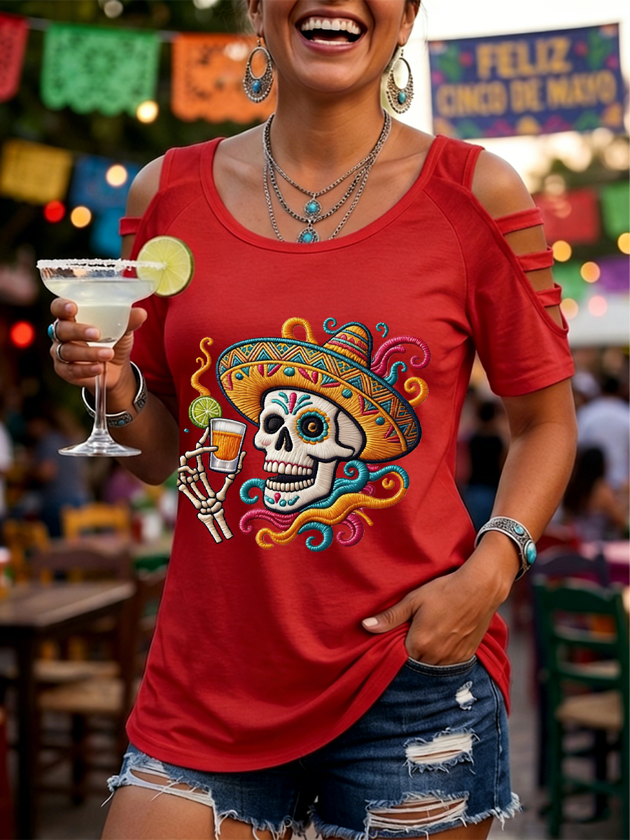 Women's Mexican Cinco de Mayo Printed round neck off-shoulder T-shirt