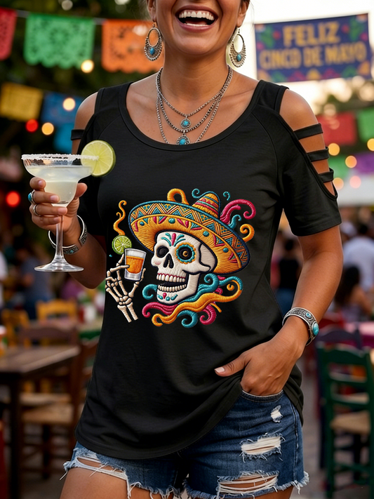 Women's Mexican Cinco de Mayo Printed round neck off-shoulder T-shirt