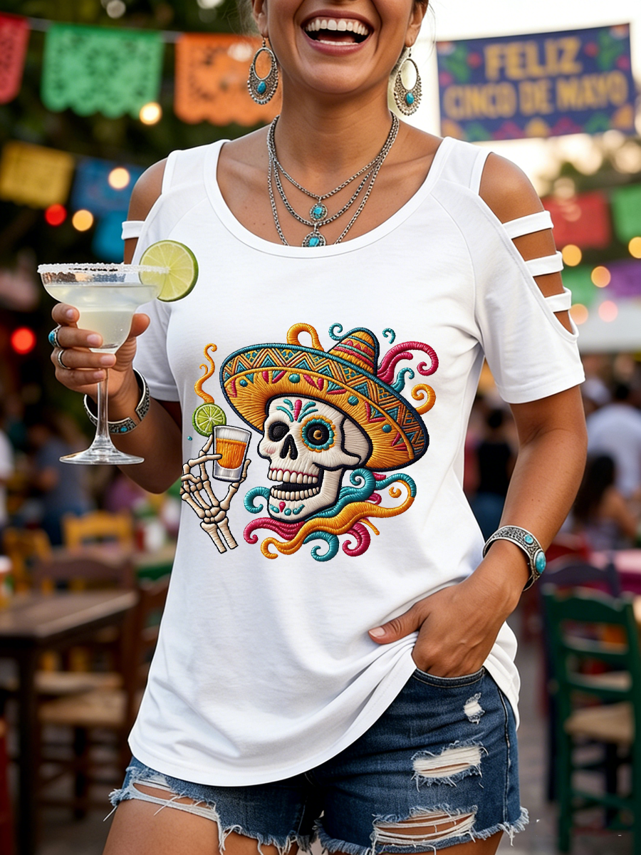 Women's Mexican Cinco de Mayo Printed round neck off-shoulder T-shirt