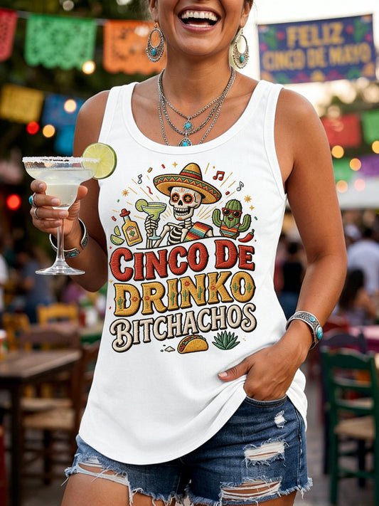 Women's Funny Cinco De Drinko Bitchachos Skeleton Print Casual Vest