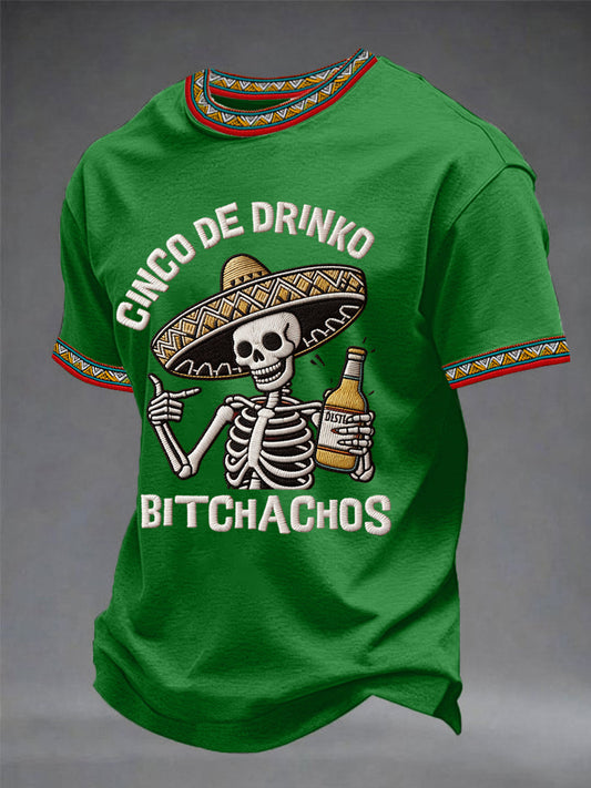 Men's Funny Cinco De Drinko Bitchachos Skeleton Print Casual Tee
