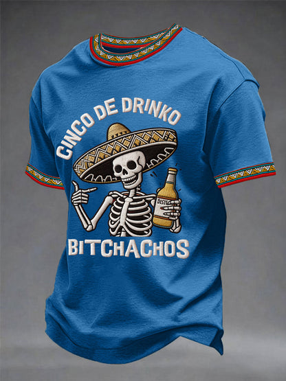 Men's Funny Cinco De Drinko Bitchachos Skeleton Print Casual Tee