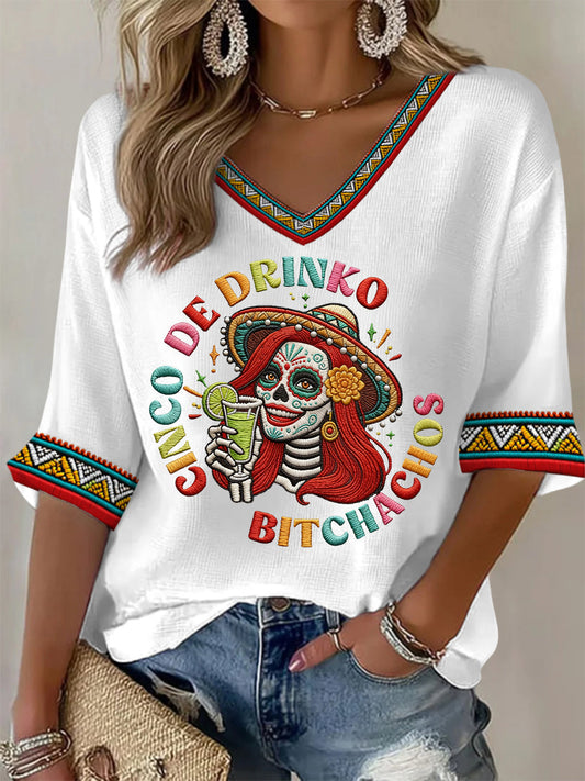 Women's Funny Cinco De Drinko Bitchachos Skeleton Print Casual Waffle Top