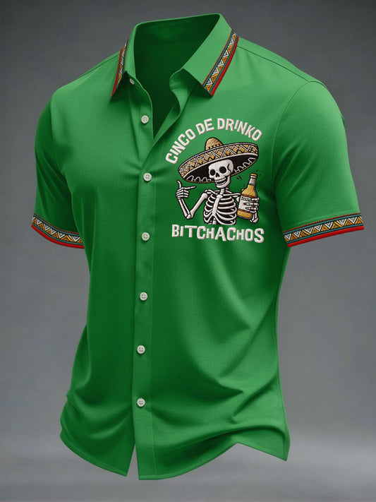 Men's Funny Cinco De Drinko Bitchachos Skeleton Print Casual Short Sleeve Shirt