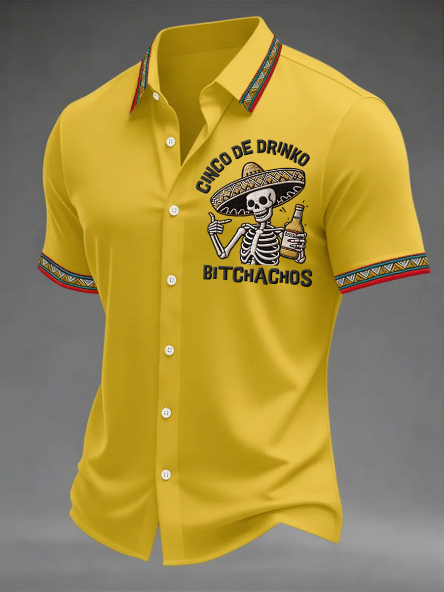 Men's Funny Cinco De Drinko Bitchachos Skeleton Print Casual Short Sleeve Shirt