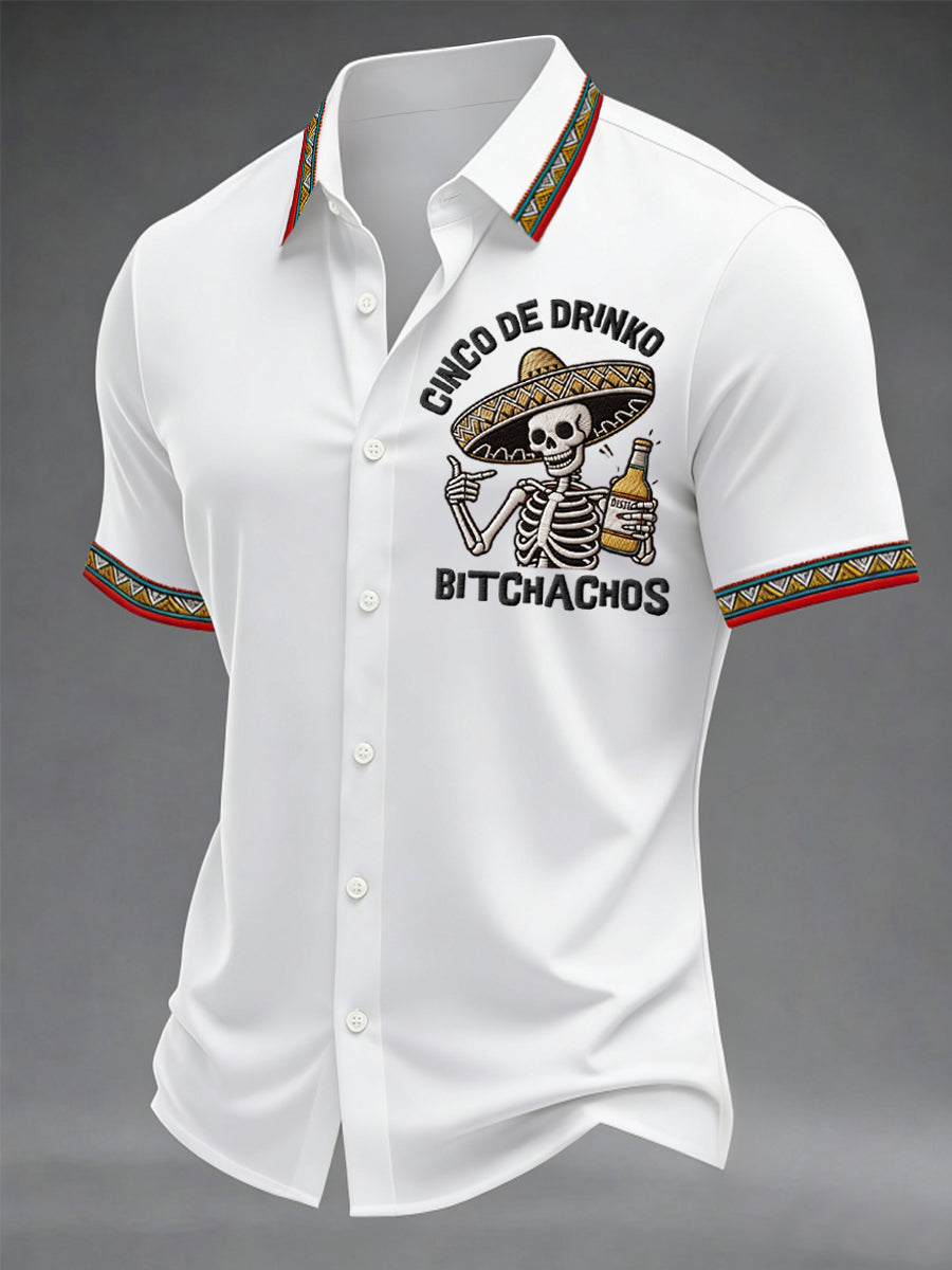 Men's Funny Cinco De Drinko Bitchachos Skeleton Print Casual Short Sleeve Shirt