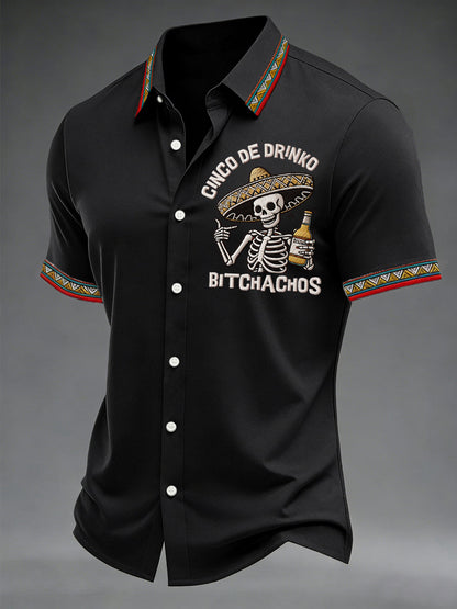 Men's Funny Cinco De Drinko Bitchachos Skeleton Print Casual Short Sleeve Shirt