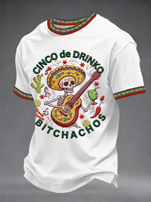 Men's Funny Cinco De Drinko Bitchachos Skeleton Print Casual Tee