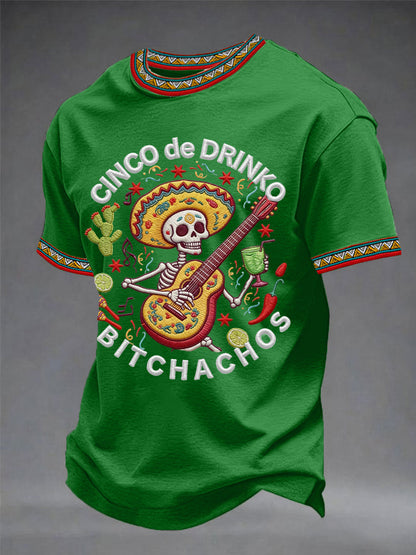 Men's Funny Cinco De Drinko Bitchachos Skeleton Print Casual Tee