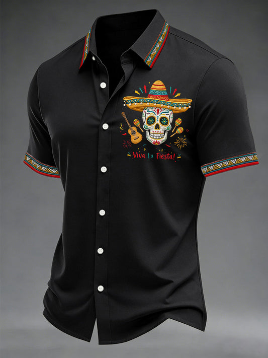 Men's Viva La Fiesta! Skeleton Print Casual Short Sleeve Shirt