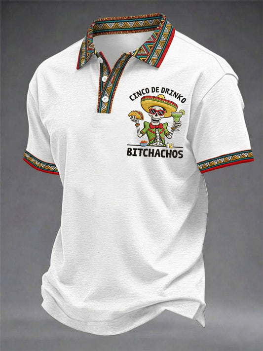 Men's Funny Cinco De Drinko Bitchachos Skeleton Print Casual Polo