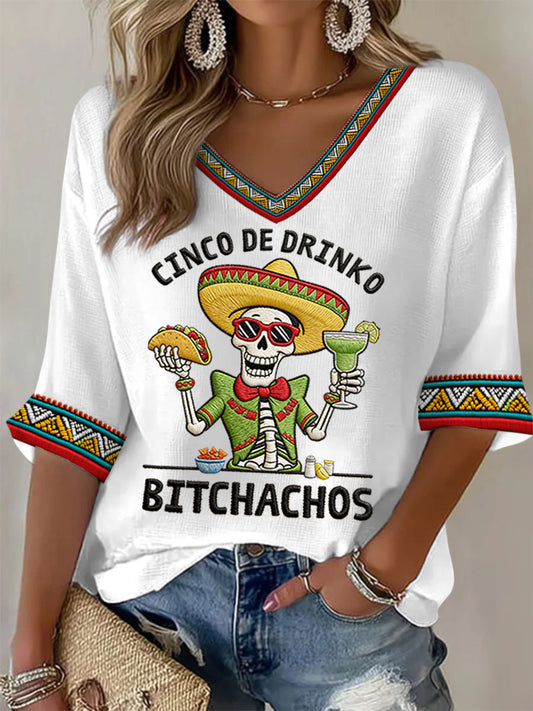 Women's Funny Cinco De Drinko Bitchachos Skeleton Print Casual Waffle Top
