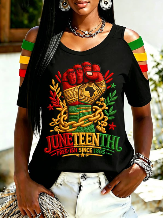 Women's Juneteenth Free·ish Since 1965  V-neck zipper T-shirt