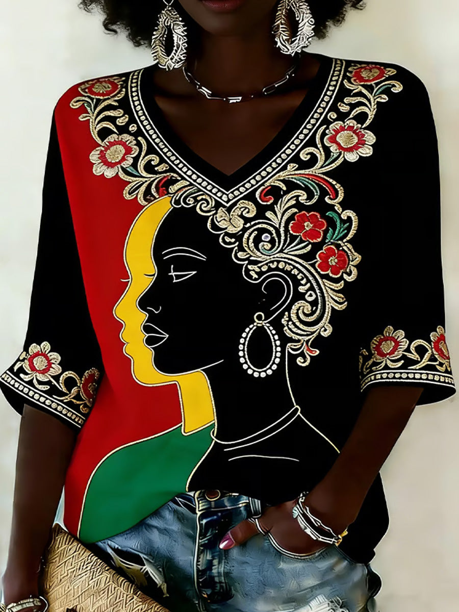 Women's Juneteenth Print V-Neck Top