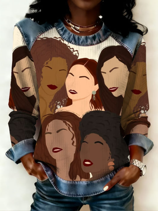 Women's Winter Black Female Art Painting Faux Denim Print Top
