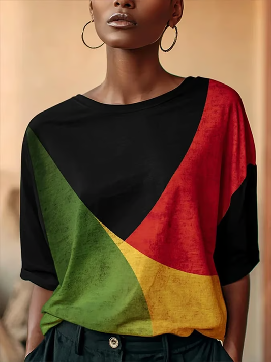 Women's Black History Month Color Block Print Round neck T-shirt