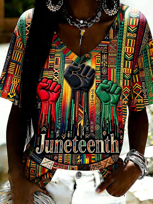 Women's Juneteenth Print Casual V-Neck Tee