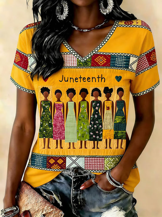 Women's Juneteenth Print Casual V-Neck Tee