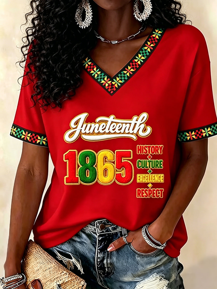 Women's Juneteenth Print Casual V-Neck Tee