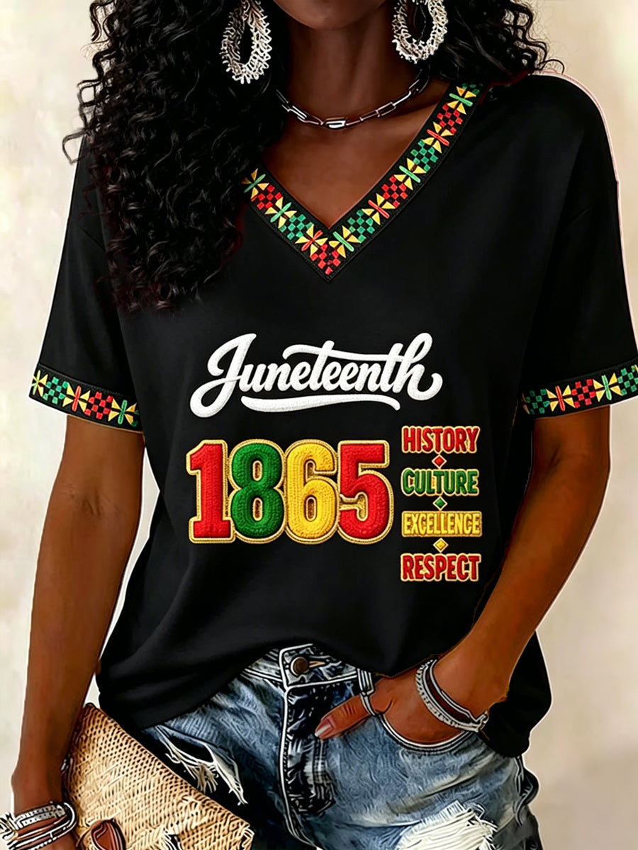 Women's Juneteenth Print Casual V-Neck Tee