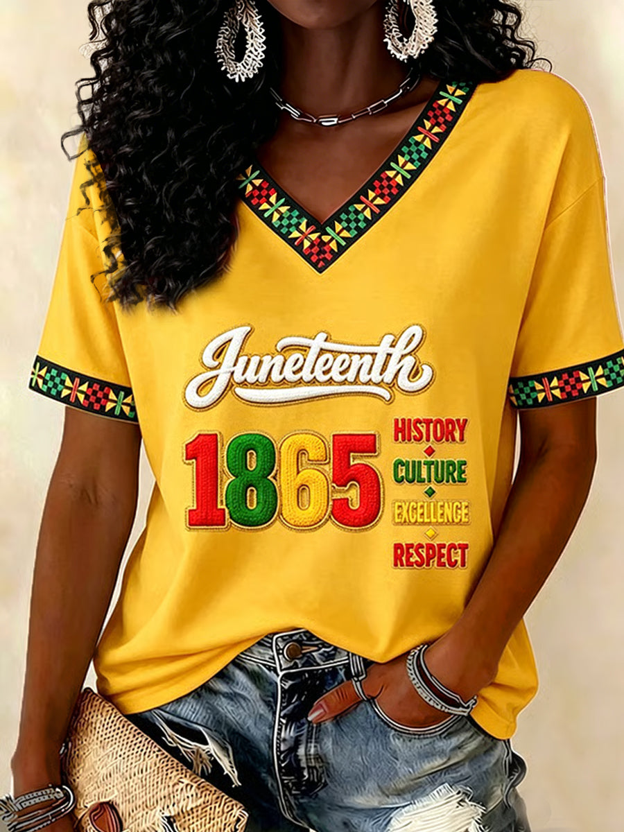 Women's Juneteenth Print Casual V-Neck Tee