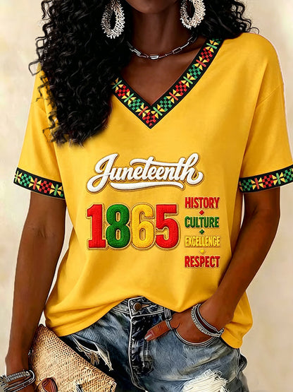 Women's Juneteenth Print Casual V-Neck Tee