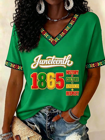 Women's Juneteenth Print Casual V-Neck Tee