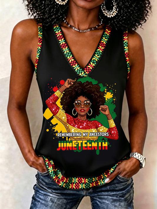 Women's Juneteenth Remebering My Ancestors Print Casual V-Neck Vest