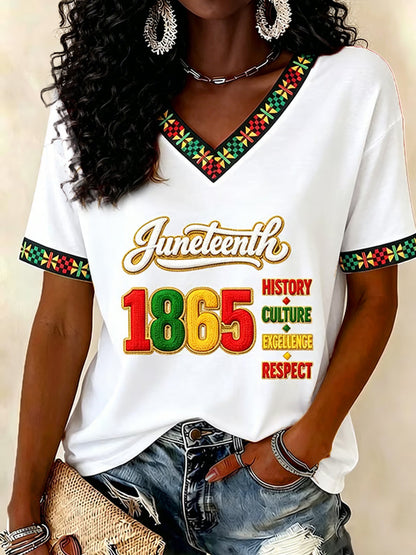 Women's Juneteenth Print Casual V-Neck Tee