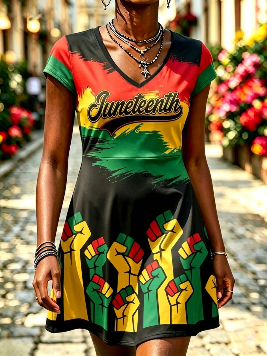 Women's Juneteenth Print Casual V-Neck Dress