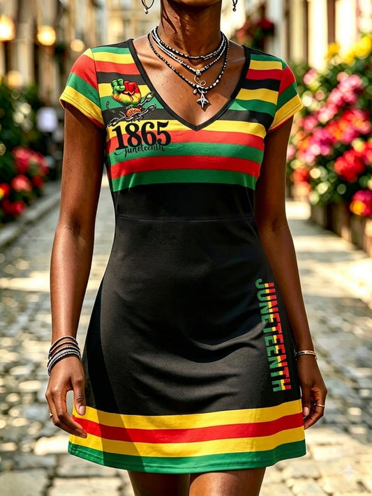 Women's Juneteenth Print Casual V-Neck Dress