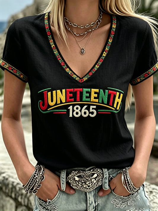 Women's Juneteenth Design Print V-Neck Casual T-Shirt
