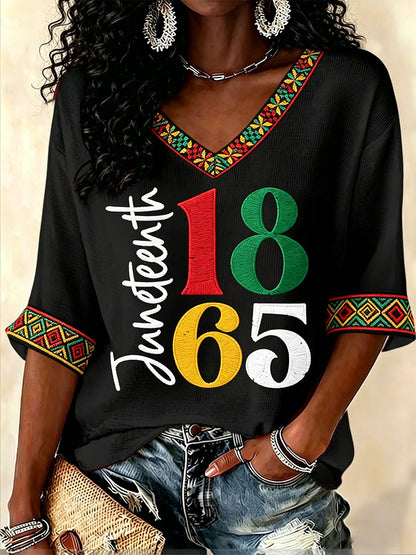 Women's Juneteenth Print Waffle V-Neck Top